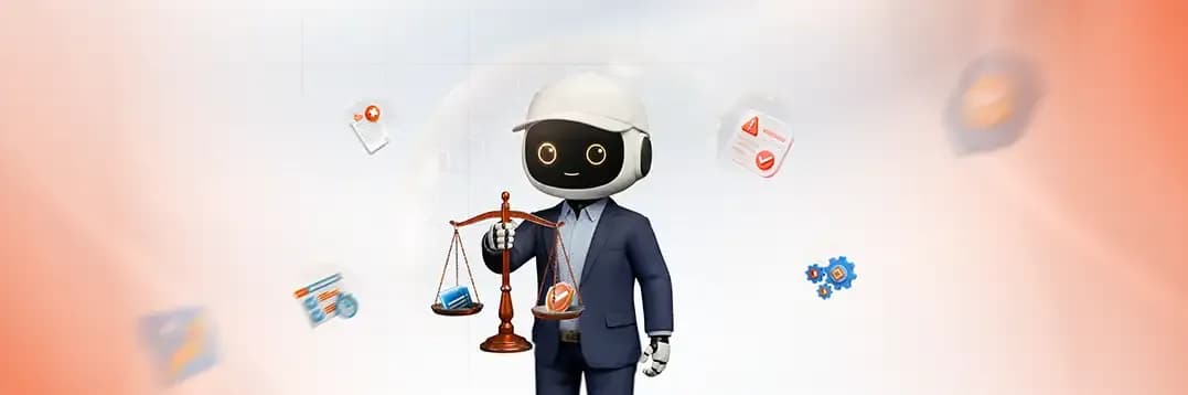  Advertising banner illustrating full business protection, risk reduction, and compliance featuring an AI robot character in a formal suit and white hat holding a scale of justice