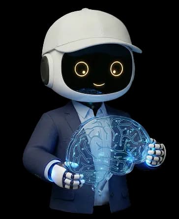 Mazaya Integrated Solutions robot wearing a suit and a white cap, holding a glowing digital brain representing Robotic Process Automation (RPA) solutions
